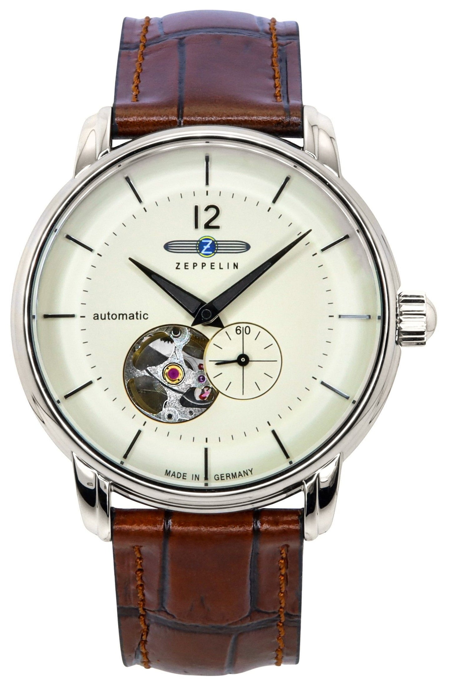 Zeppelin Automatic movement White Leather Male Z81661. A brand-new Zeppelin watch featuring a White dial and a Leather strap. Side view.