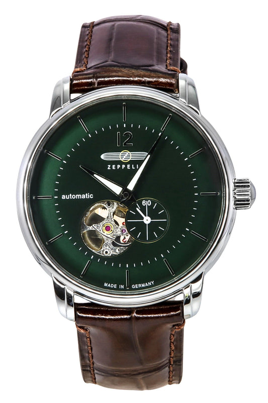 Zeppelin Automatic movement Green Leather Male Z81664. A brand-new Zeppelin watch featuring a Green dial and a Leather strap. Front view.