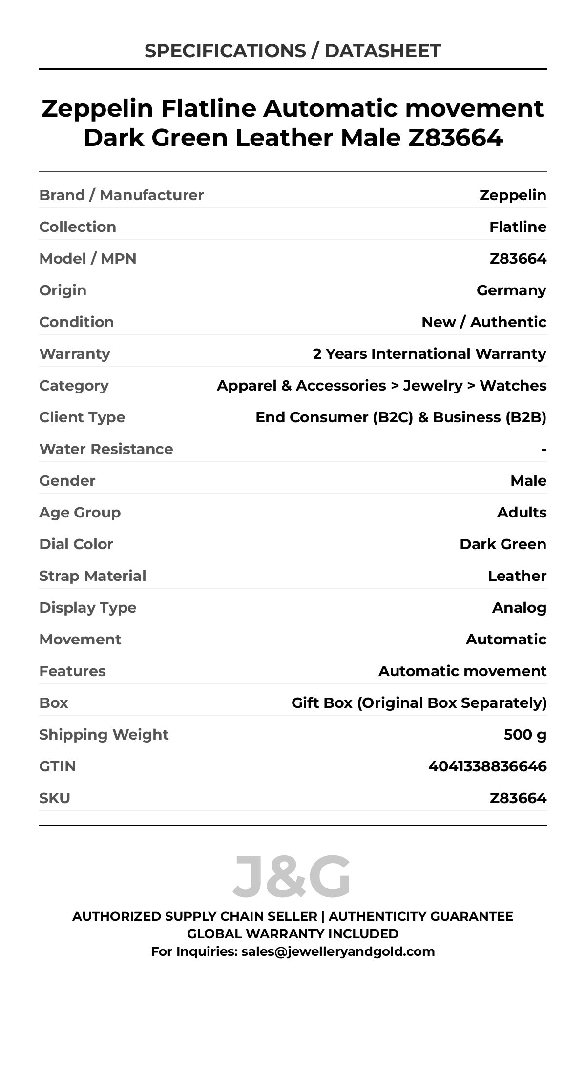 Zeppelin Flatline Automatic movement Dark Green Leather Male Z83664 - Specifications