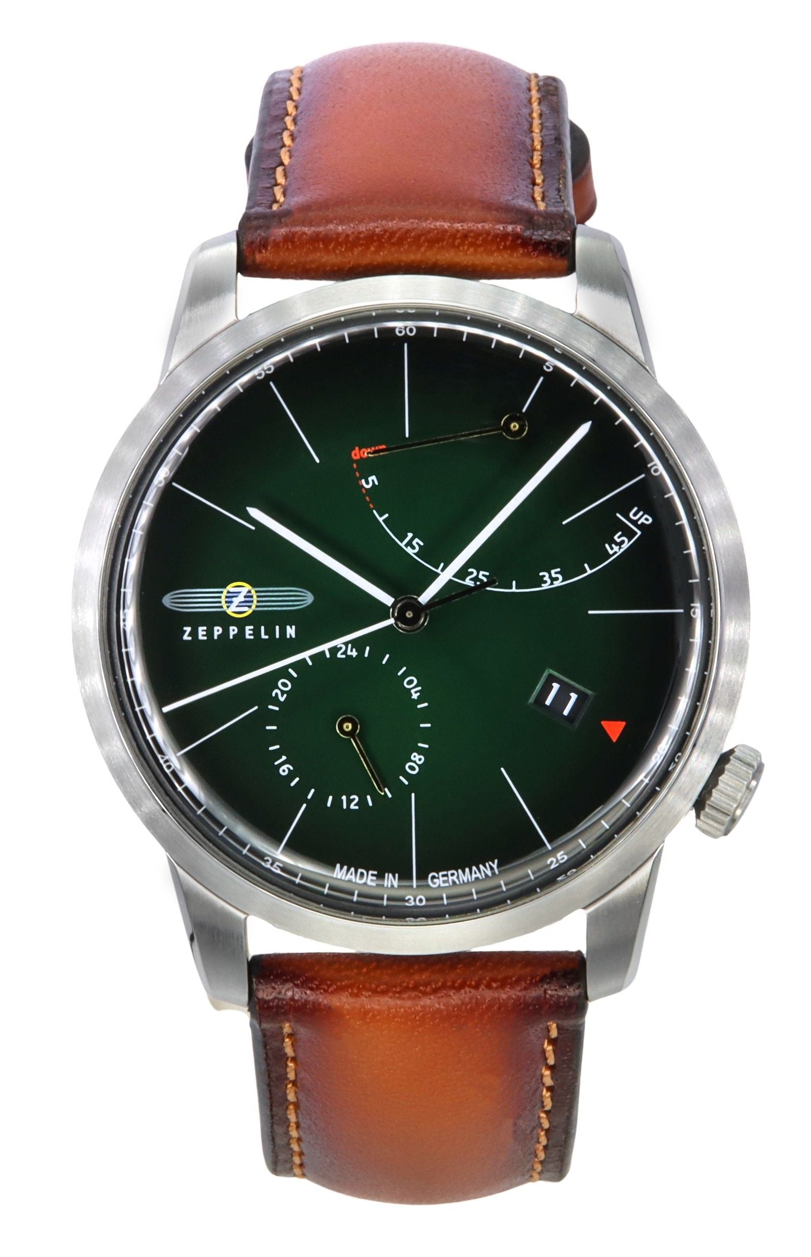 Zeppelin Flatline Automatic movement Dark Green Leather Male Z83664. A brand-new Zeppelin Flatline watch featuring a Dark Green dial and a Leather strap. Angled view.