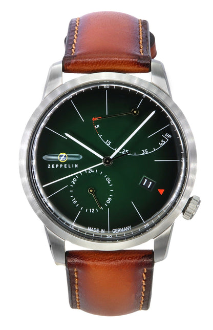 Zeppelin Flatline Automatic movement Dark Green Leather Male Z83664. A brand-new Zeppelin Flatline watch featuring a Dark Green dial and a Leather strap. Angled view.