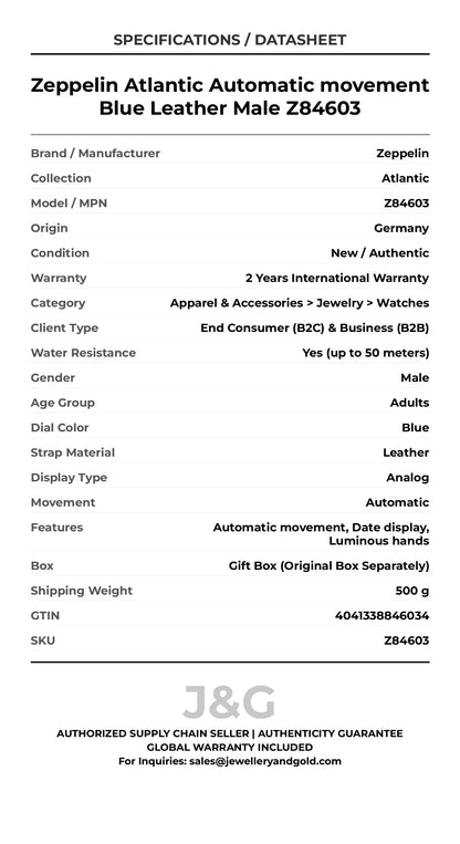 Zeppelin Atlantic Automatic movement Blue Leather Male Z84603 - Specifications