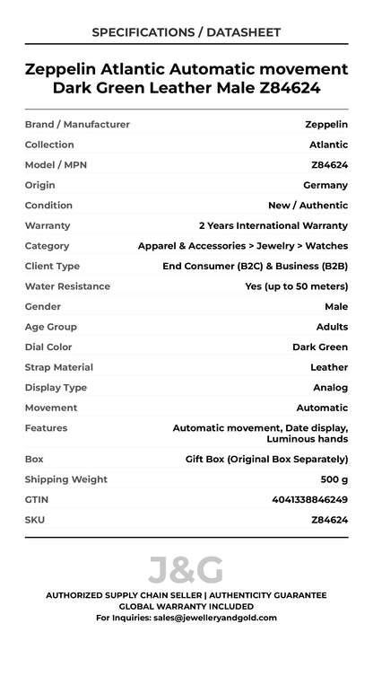 Zeppelin Atlantic Automatic movement Dark Green Leather Male Z84624 - Specifications
