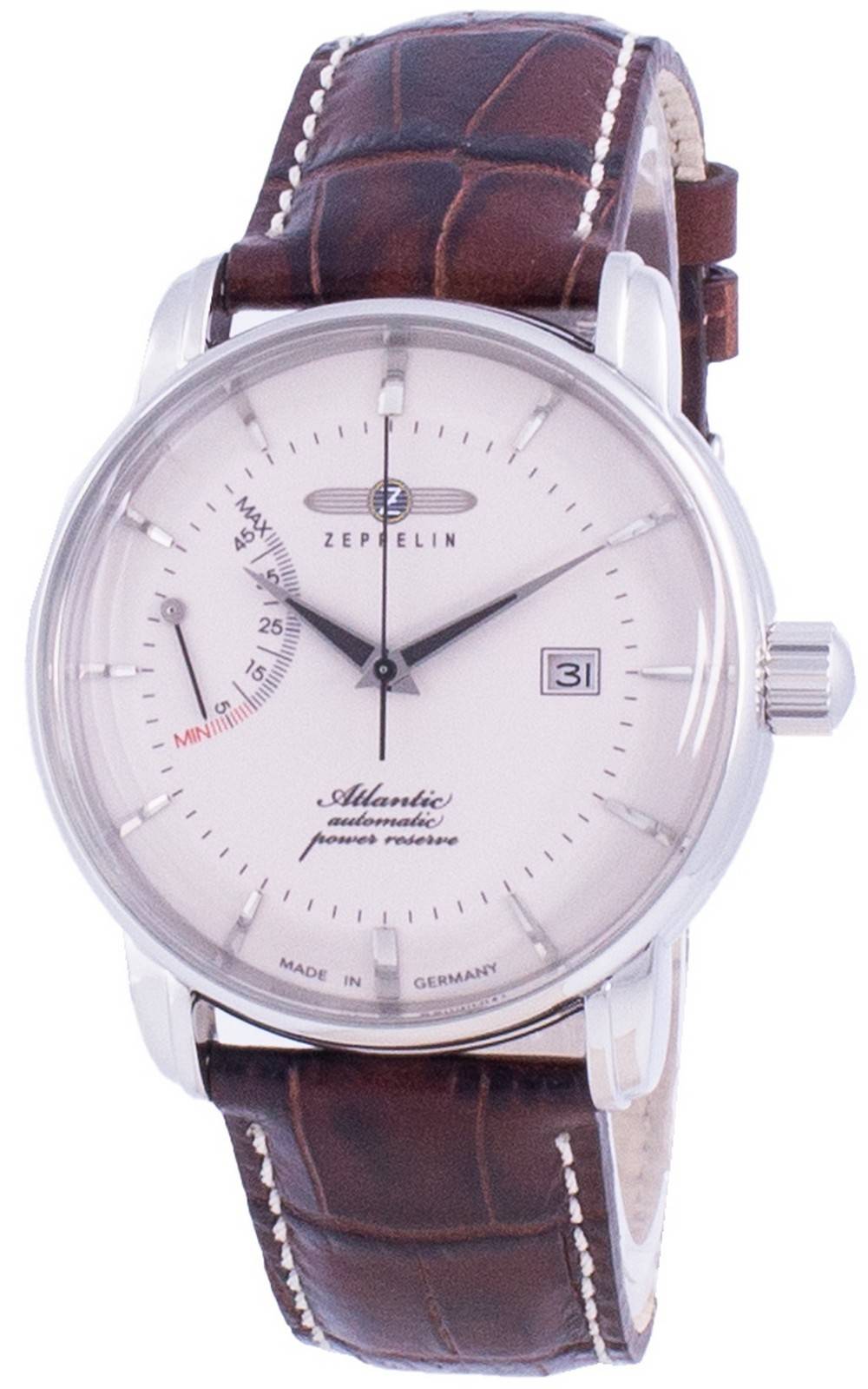 Zeppelin Atlantic Automatic movement White Leather Male Z84625. A brand-new Zeppelin Atlantic watch featuring a White dial and a Leather strap. Side view.
