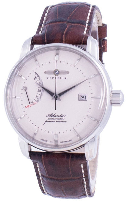 Zeppelin Atlantic Automatic movement White Leather Male Z84625. A brand-new Zeppelin Atlantic watch featuring a White dial and a Leather strap. Side view.