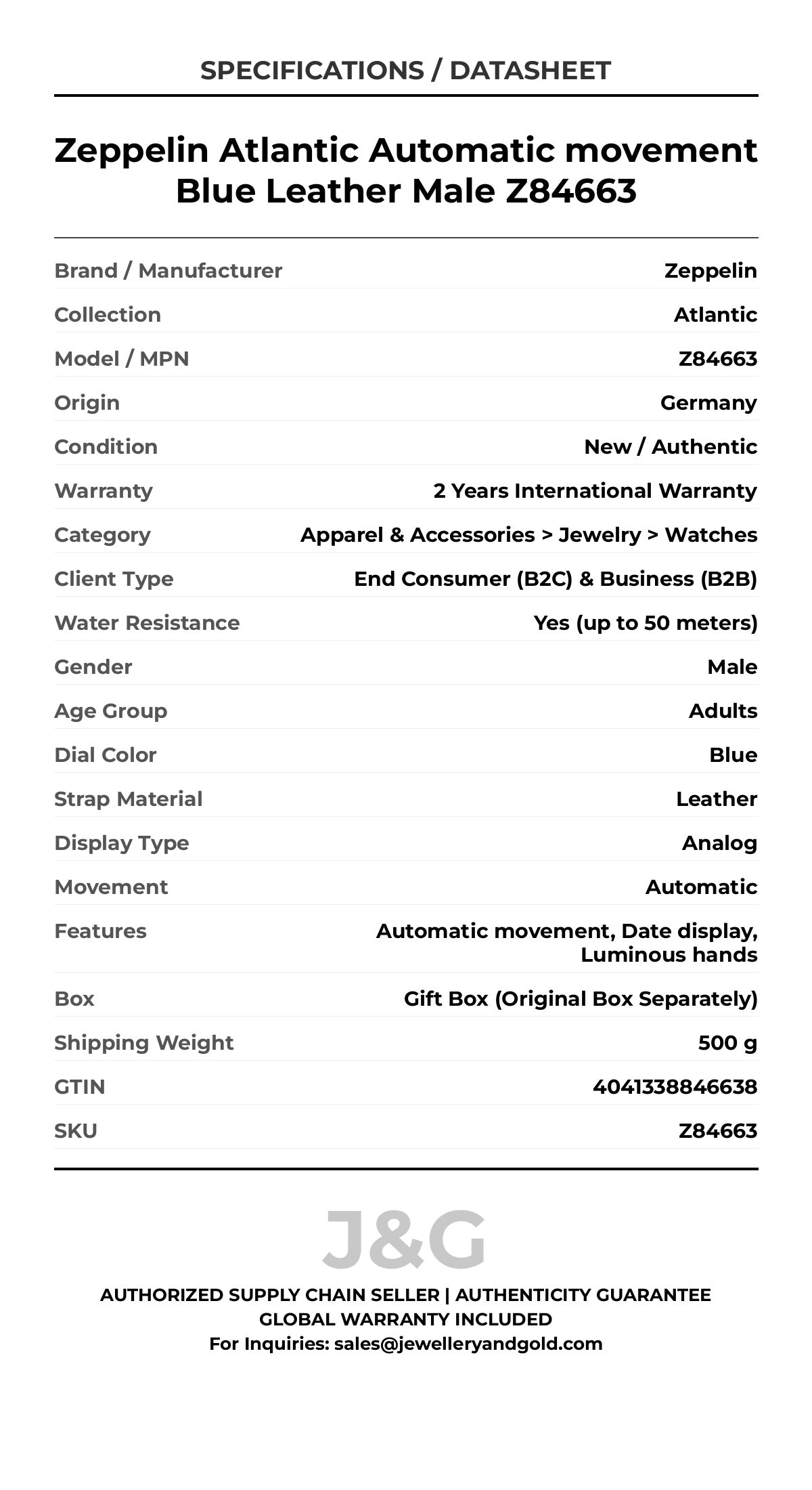Zeppelin Atlantic Automatic movement Blue Leather Male Z84663 - Specifications