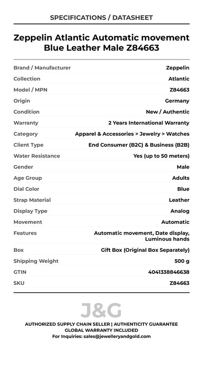 Zeppelin Atlantic Automatic movement Blue Leather Male Z84663 - Specifications