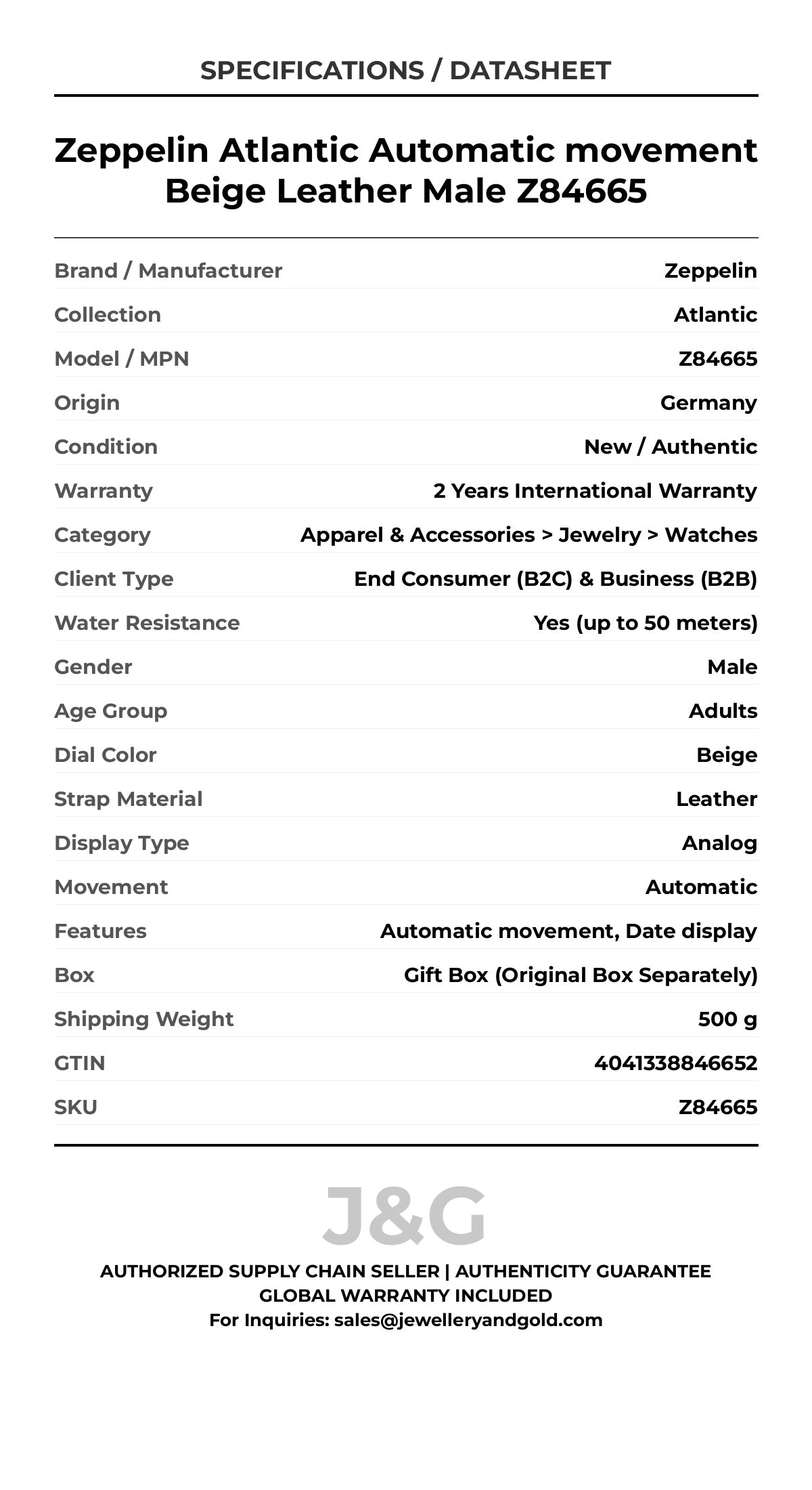 Zeppelin Atlantic Automatic movement Beige Leather Male Z84665 - Specifications