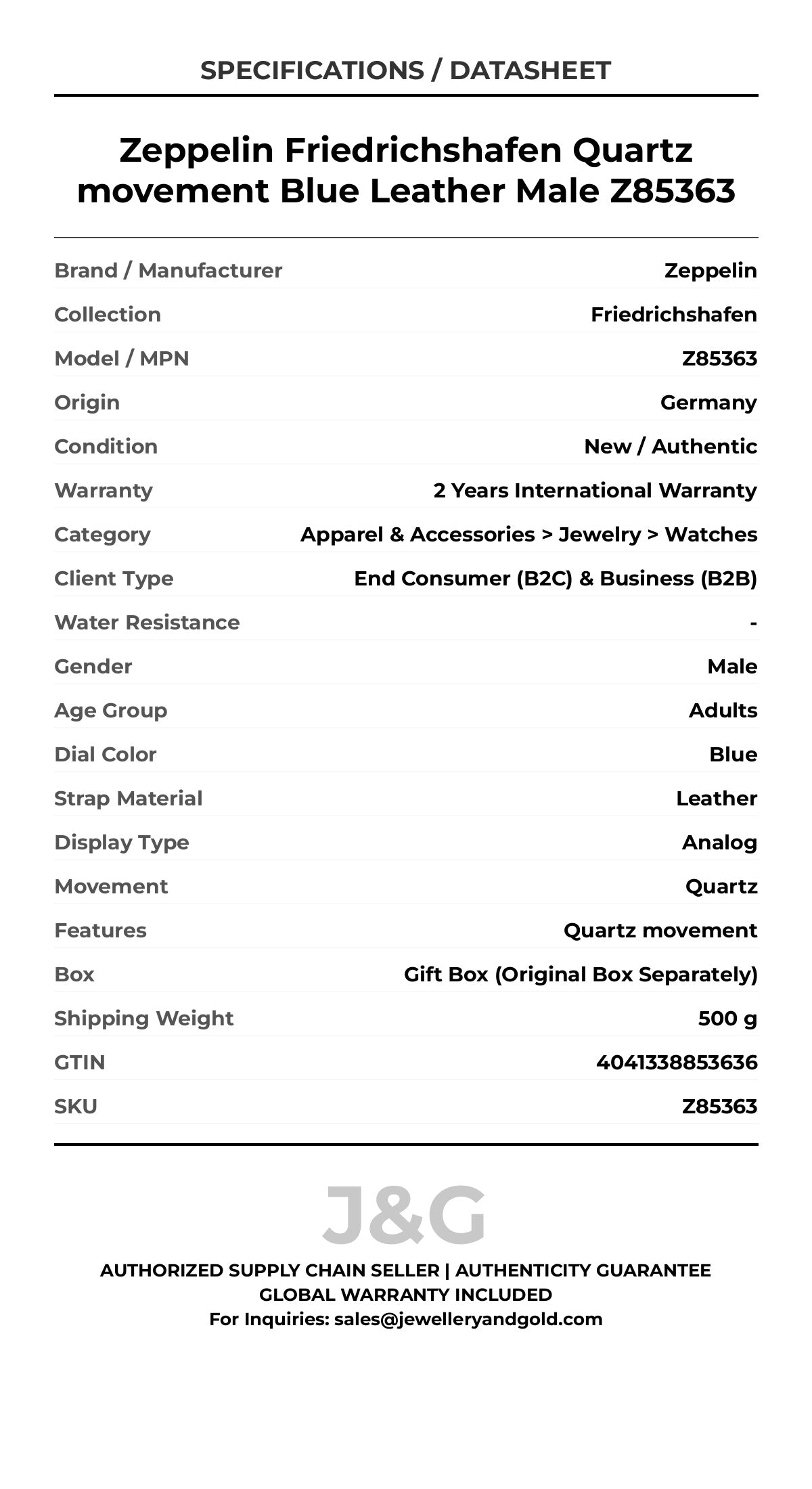 Zeppelin Friedrichshafen Quartz movement Blue Leather Male Z85363 - Specifications