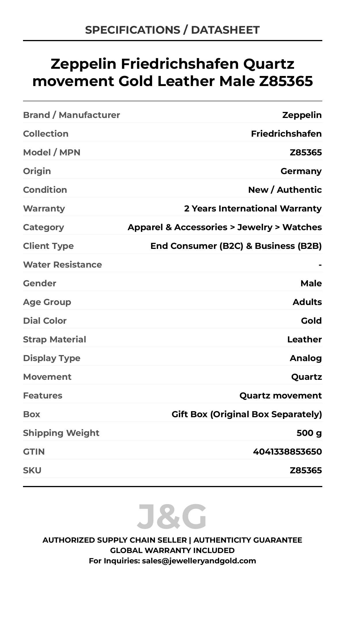 Zeppelin Friedrichshafen Quartz movement Gold Leather Male Z85365 - Specifications