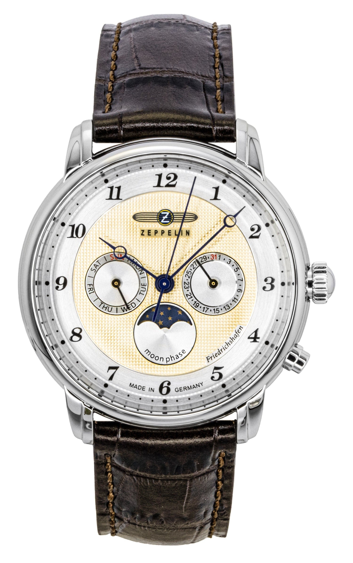 Zeppelin Friedrichshafen Quartz movement Gold Leather Male Z85365. A brand-new Zeppelin Friedrichshafen watch featuring a Gold dial and a Leather strap. Front view.