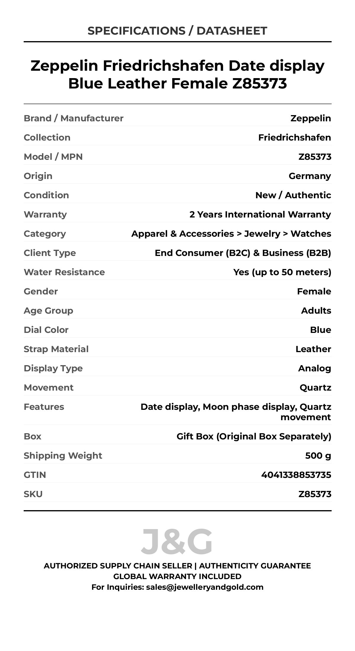 Zeppelin Friedrichshafen Date display Blue Leather Female Z85373 - Specifications