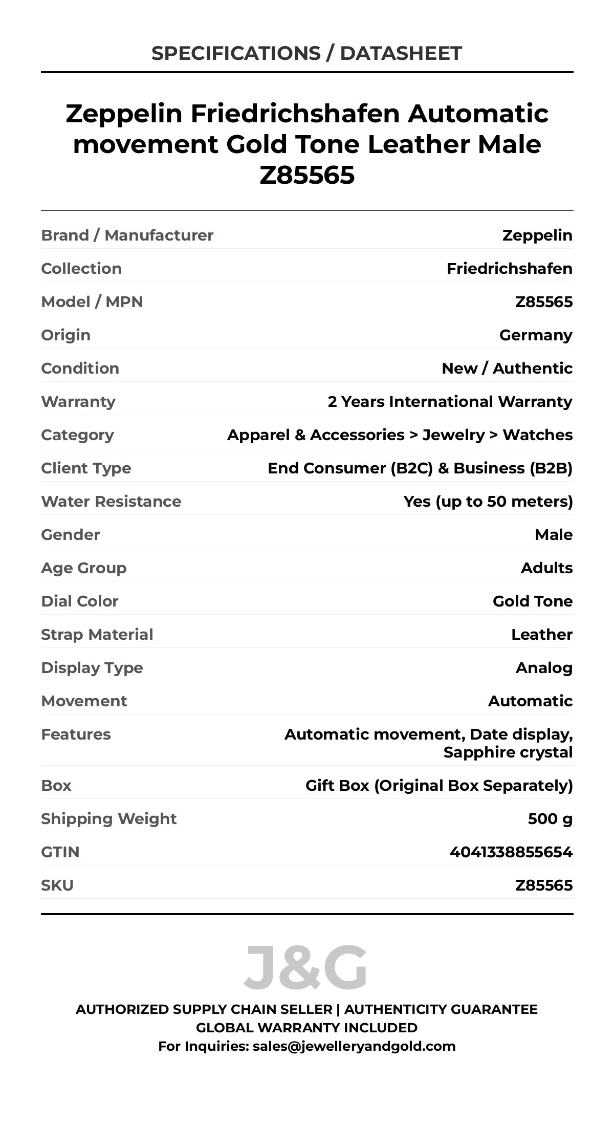 Zeppelin Friedrichshafen Automatic movement Gold Tone Leather Male Z85565 - Specifications