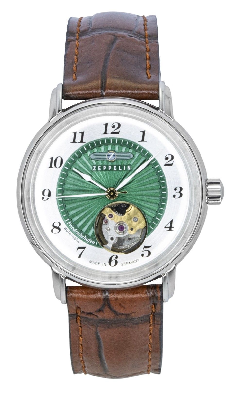 Zeppelin Friedrichshafen Automatic movement Green Leather Female Z85672. A brand-new Zeppelin Friedrichshafen watch featuring a Green dial and a Leather strap. Front view.