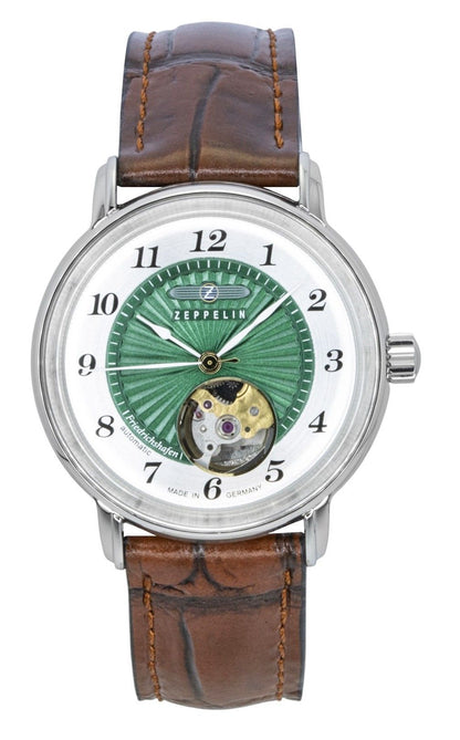 Zeppelin Friedrichshafen Automatic movement Green Leather Female Z85672. A brand-new Zeppelin Friedrichshafen watch featuring a Green dial and a Leather strap. Front view.