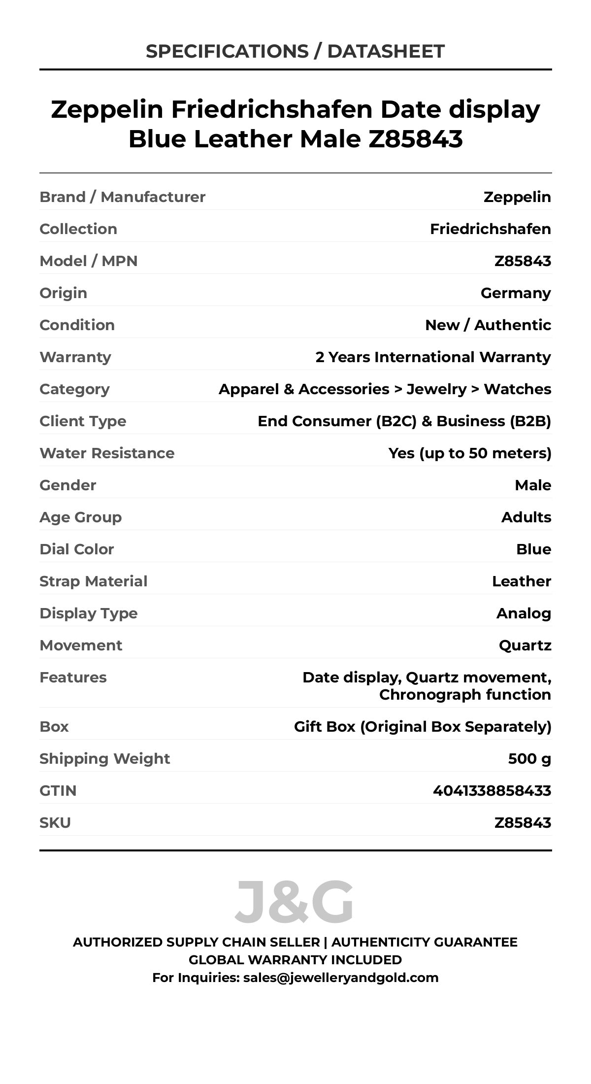 Zeppelin Friedrichshafen Date display Blue Leather Male Z85843 - Specifications