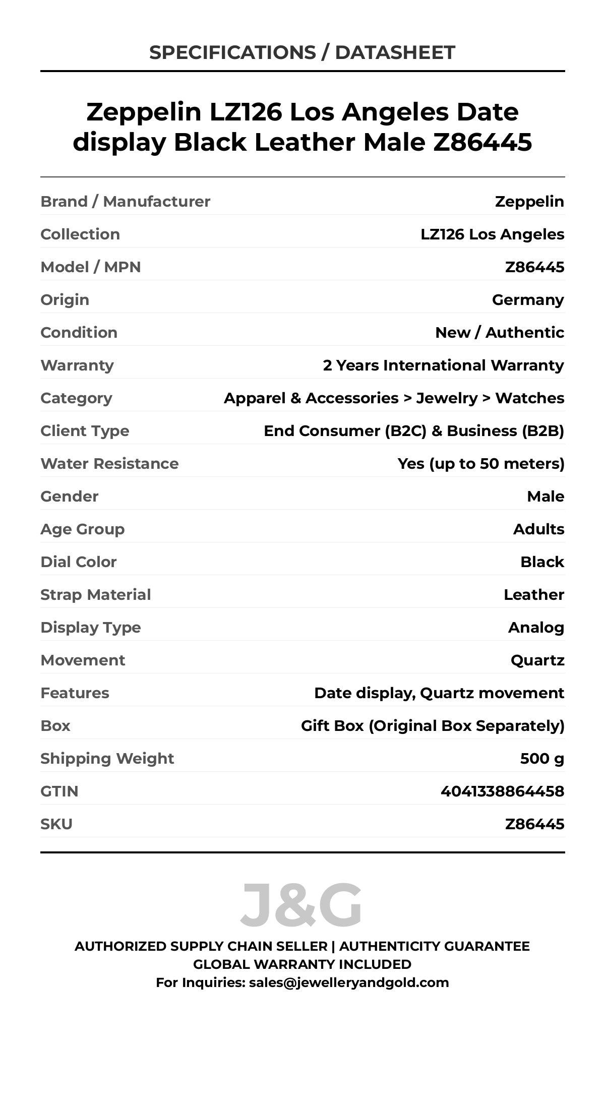 Zeppelin LZ126 Los Angeles Date display Black Leather Male Z86445 - Specifications