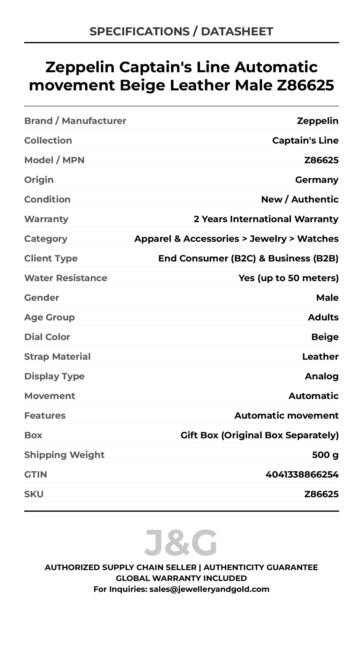 Zeppelin Captain's Line Automatic movement Beige Leather Male Z86625 - Specifications