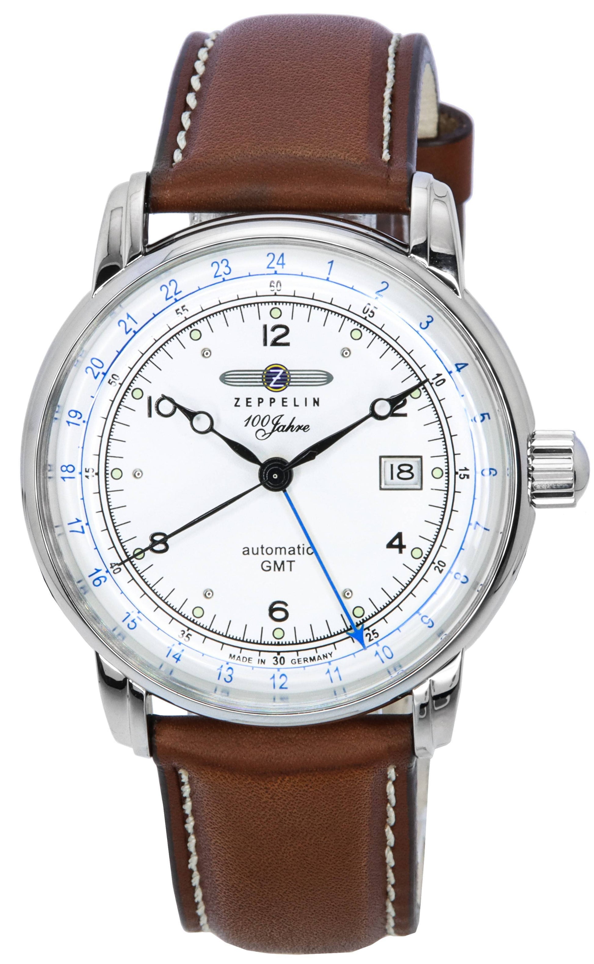 Zeppelin 100 Jahre Automatic movement Silver Leather Male Z86661. A brand-new Zeppelin 100 Jahre watch featuring a Silver dial and a Leather strap. Front view.