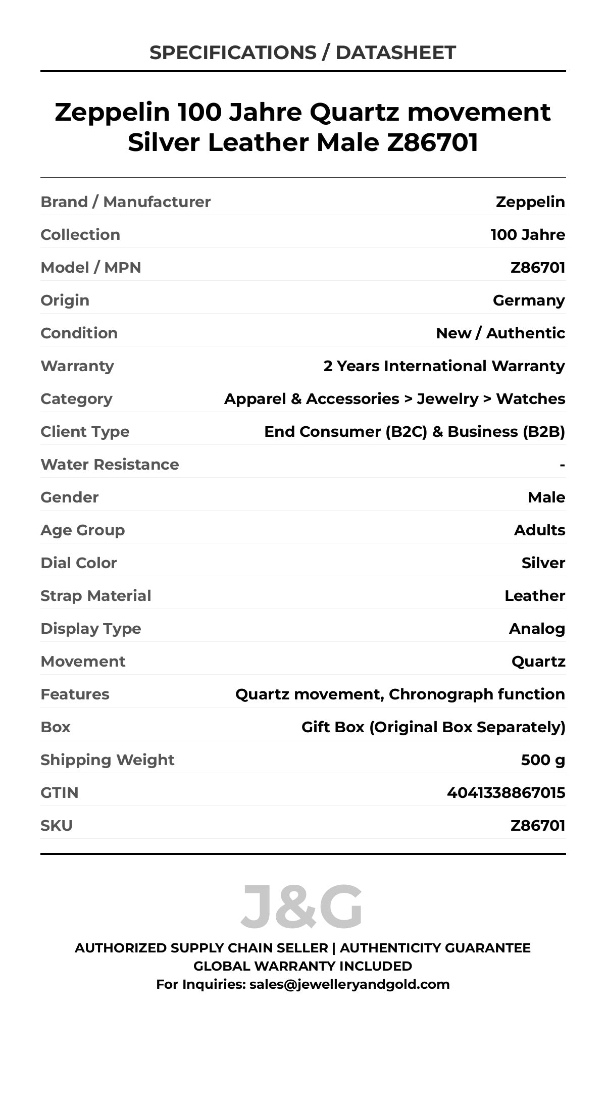 Zeppelin 100 Jahre Quartz movement Silver Leather Male Z86701 - Specifications