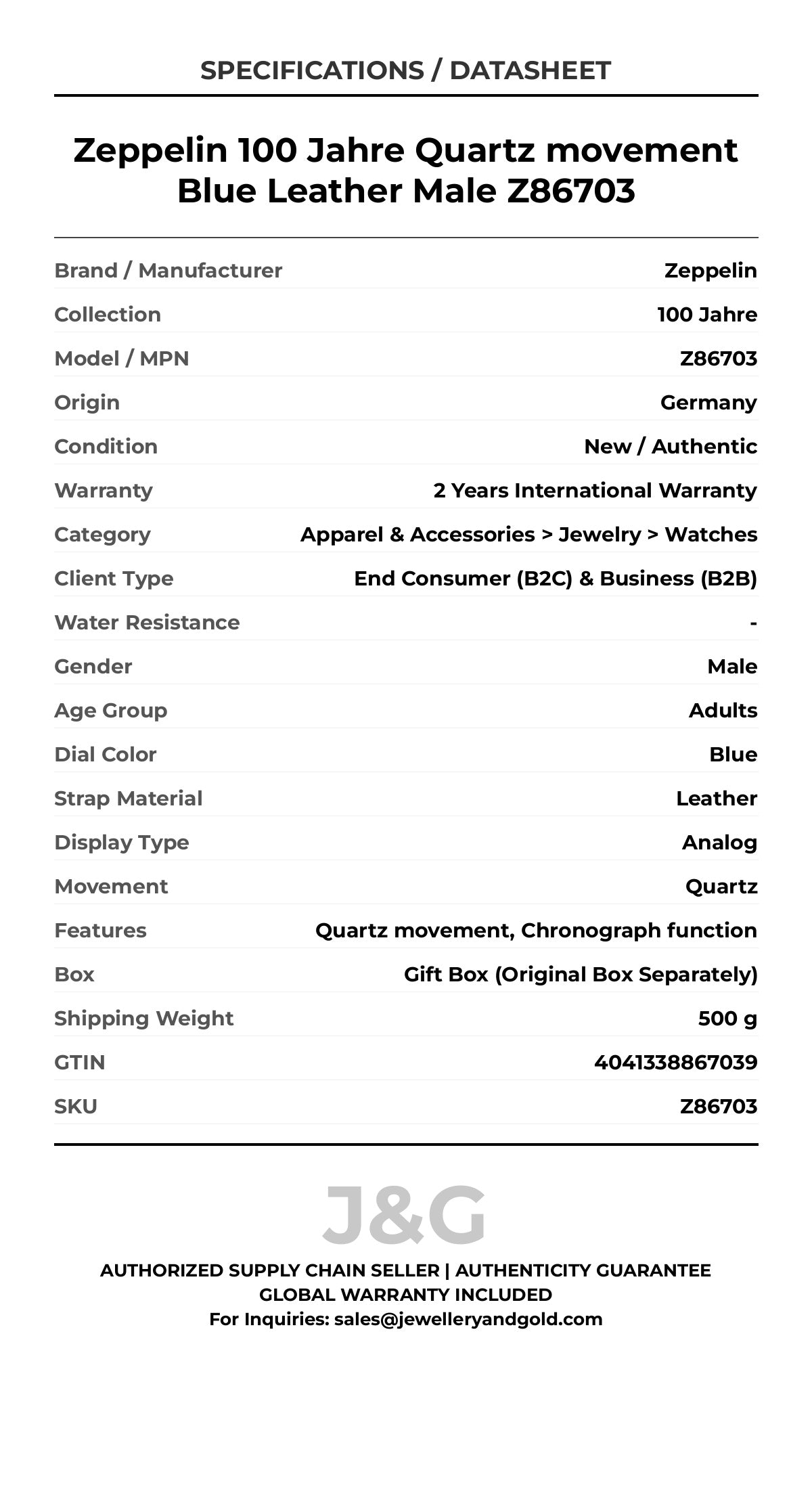 Zeppelin 100 Jahre Quartz movement Blue Leather Male Z86703 - Specifications
