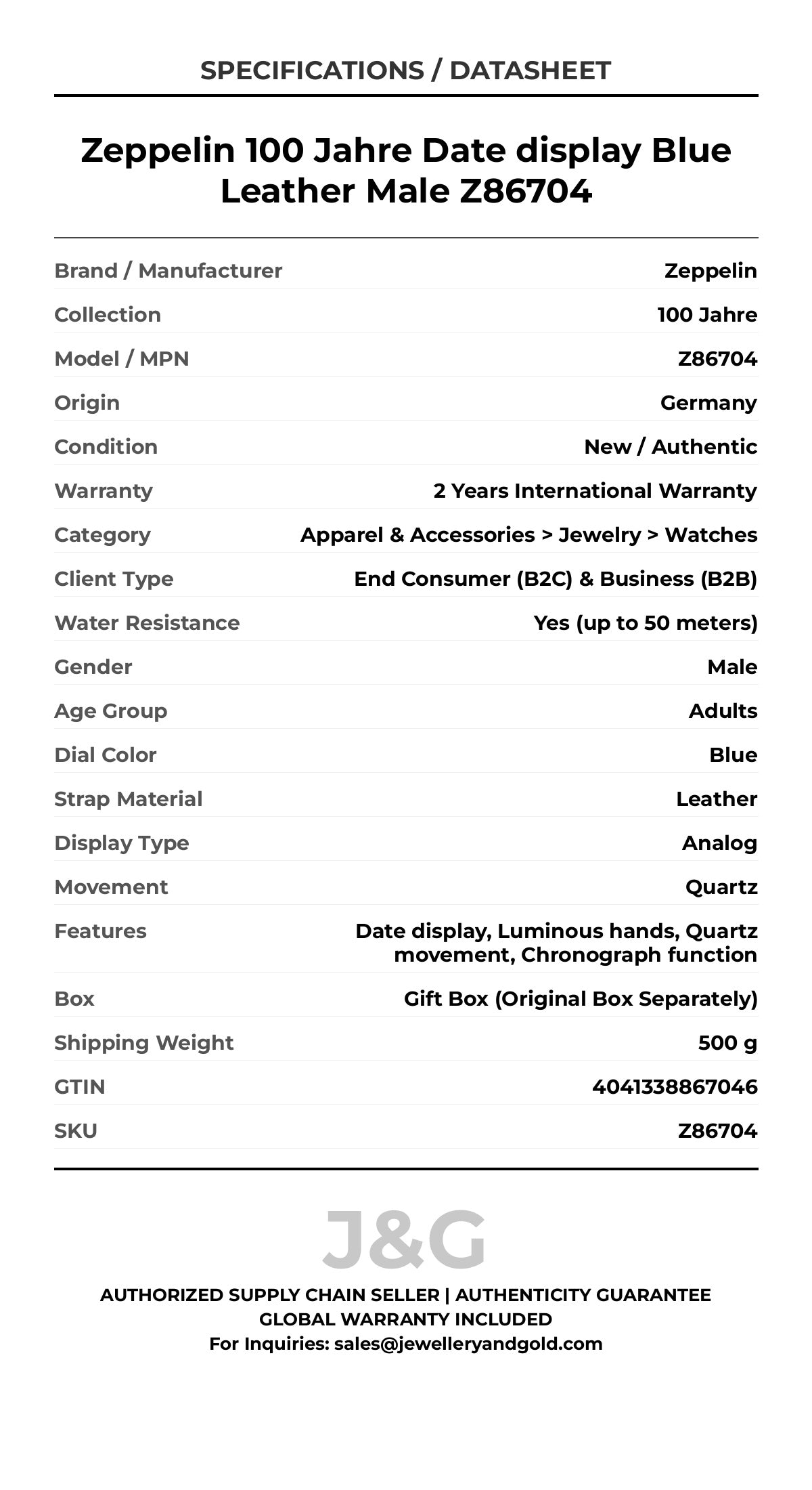 Zeppelin 100 Jahre Date display Blue Leather Male Z86704 - Specifications