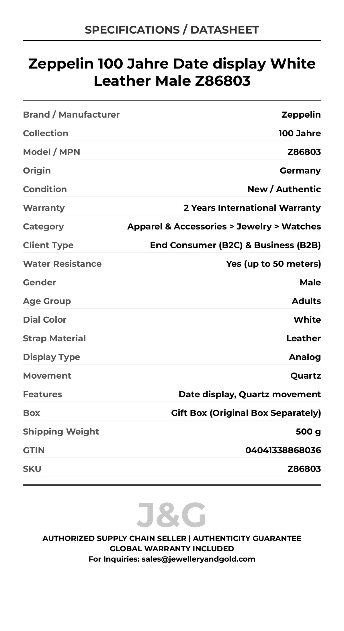 Zeppelin 100 Jahre Date display White Leather Male Z86803 - Specifications