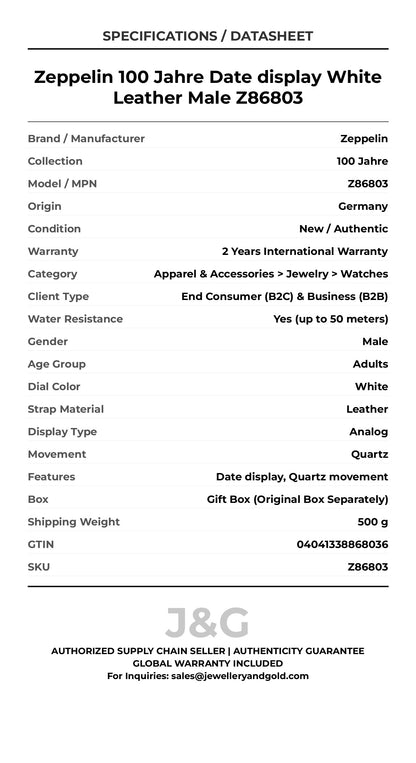 Zeppelin 100 Jahre Date display White Leather Male Z86803 - Specifications