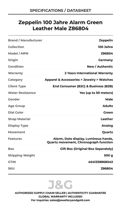 Zeppelin 100 Jahre Alarm Green Leather Male Z86804 - Specifications