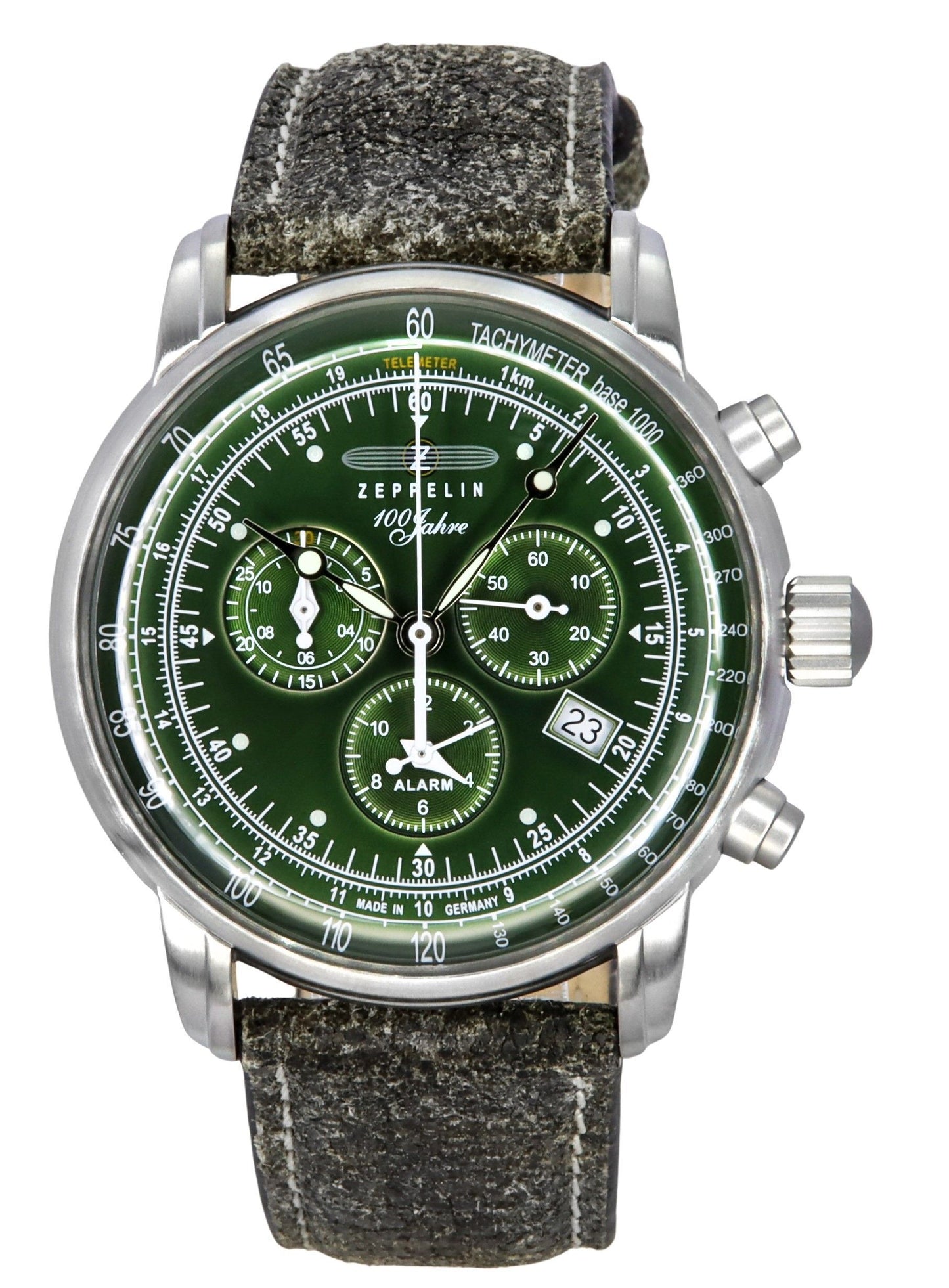 Zeppelin 100 Jahre Alarm Green Leather Male Z86804. A brand-new Zeppelin 100 Jahre watch featuring a Green dial and a Leather strap. Angled view.