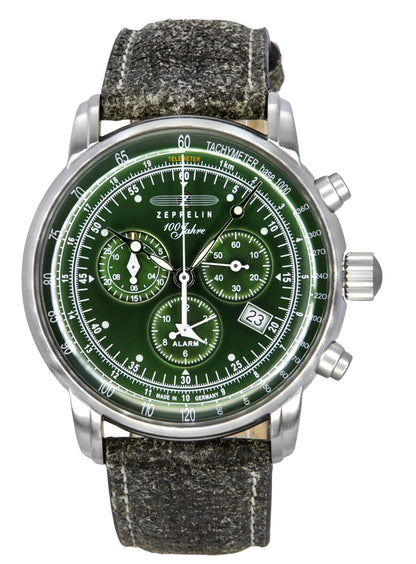 Zeppelin 100 Jahre Alarm Green Leather Male Z86804. A brand-new Zeppelin 100 Jahre watch featuring a Green dial and a Leather strap. Angled view.