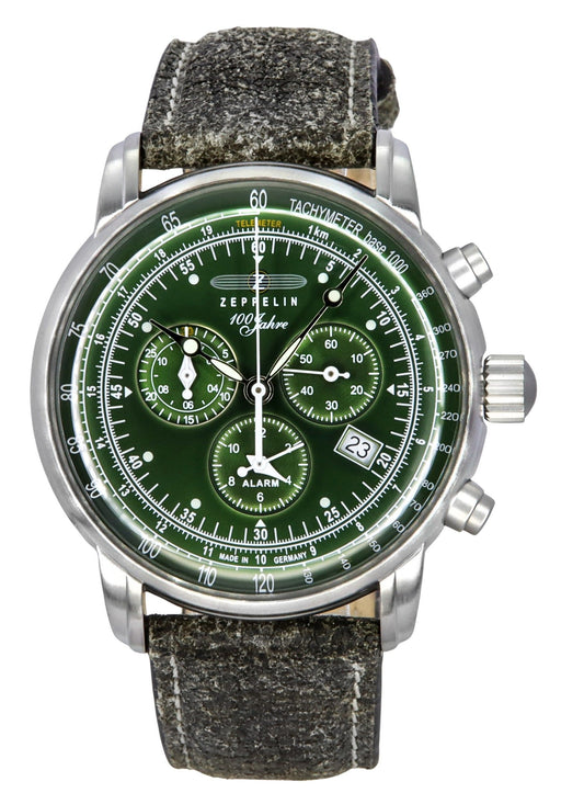 Zeppelin 100 Jahre Alarm Green Leather Male Z86804. A brand-new Zeppelin 100 Jahre watch featuring a Green dial and a Leather strap. Angled view.