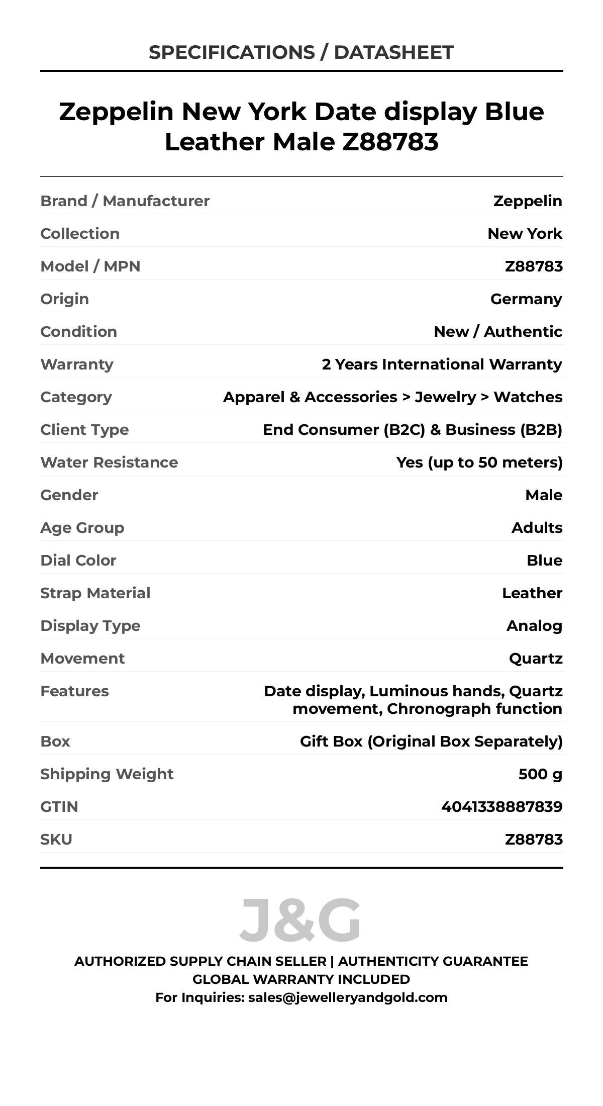 Zeppelin New York Date display Blue Leather Male Z88783 - Specifications