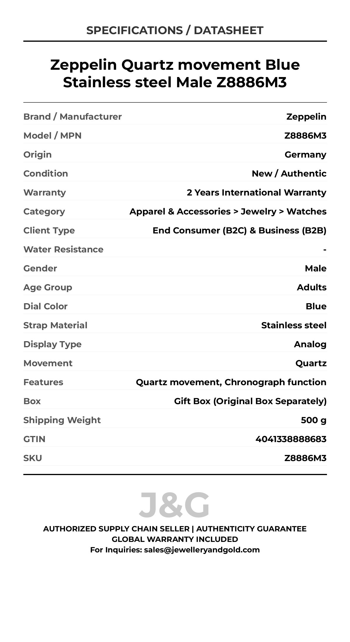 Zeppelin Quartz movement Blue Stainless steel Male Z8886M3 - Specifications