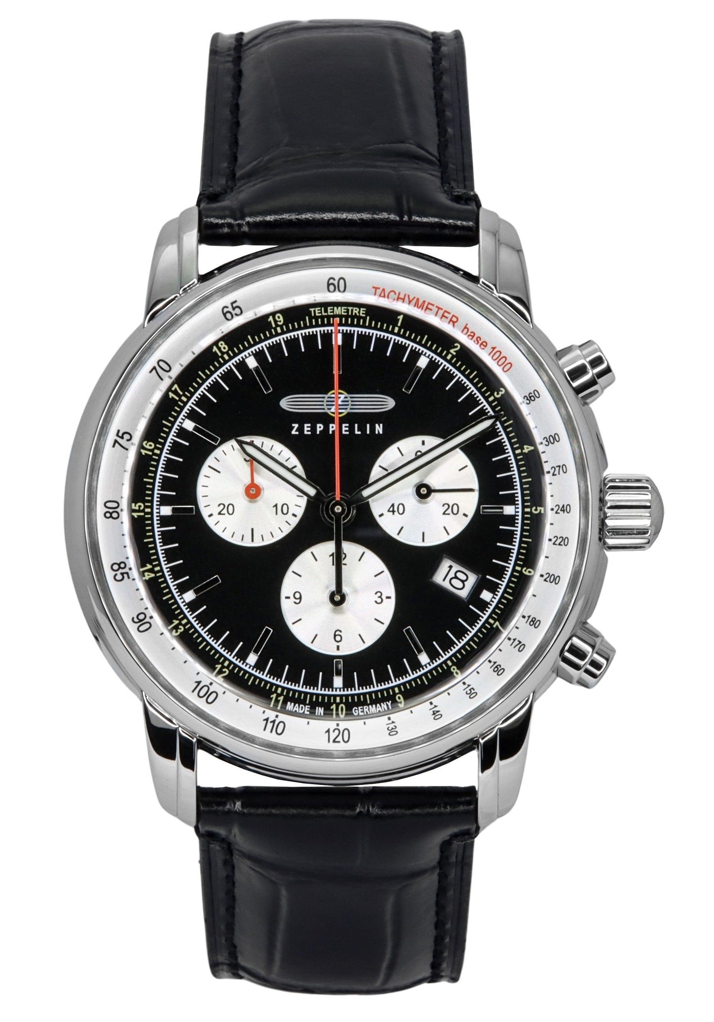 Zeppelin LZ 14 Marine Quartz movement Black Leather Male Z88882. A brand-new Zeppelin LZ 14 Marine watch featuring a Black dial and a Leather strap. Angled view.