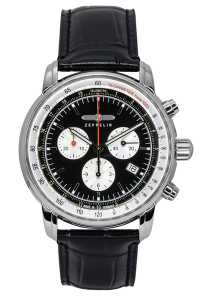 Zeppelin LZ 14 Marine Quartz movement Black Leather Male Z88882. A brand-new Zeppelin LZ 14 Marine watch featuring a Black dial and a Leather strap. Angled view.