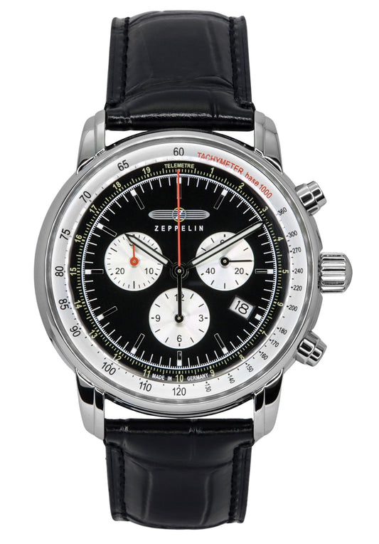 Zeppelin LZ 14 Marine Quartz movement Black Leather Male Z88882. A brand-new Zeppelin LZ 14 Marine watch featuring a Black dial and a Leather strap. Angled view.