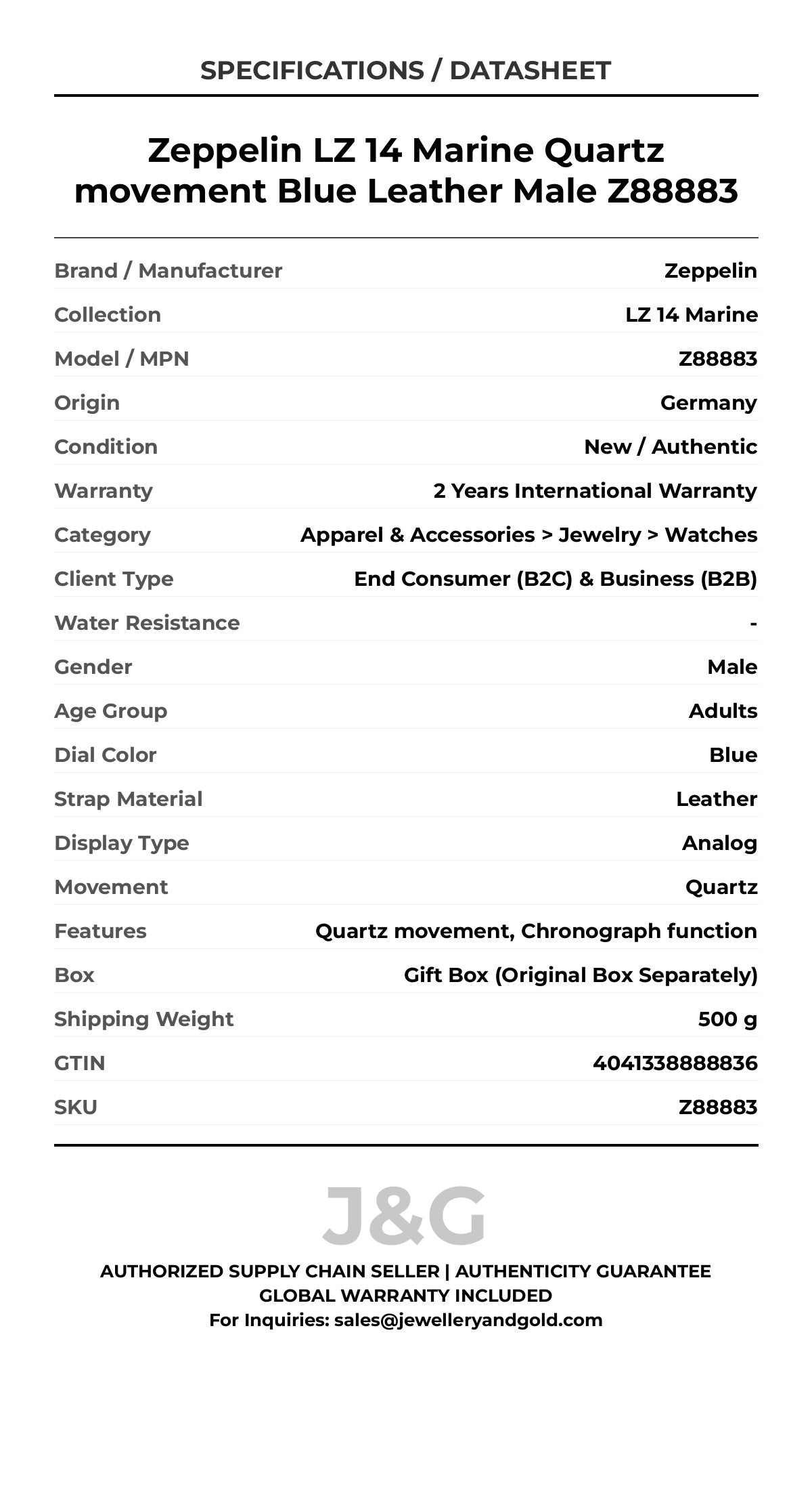 Zeppelin LZ 14 Marine Quartz movement Blue Leather Male Z88883 - Specifications