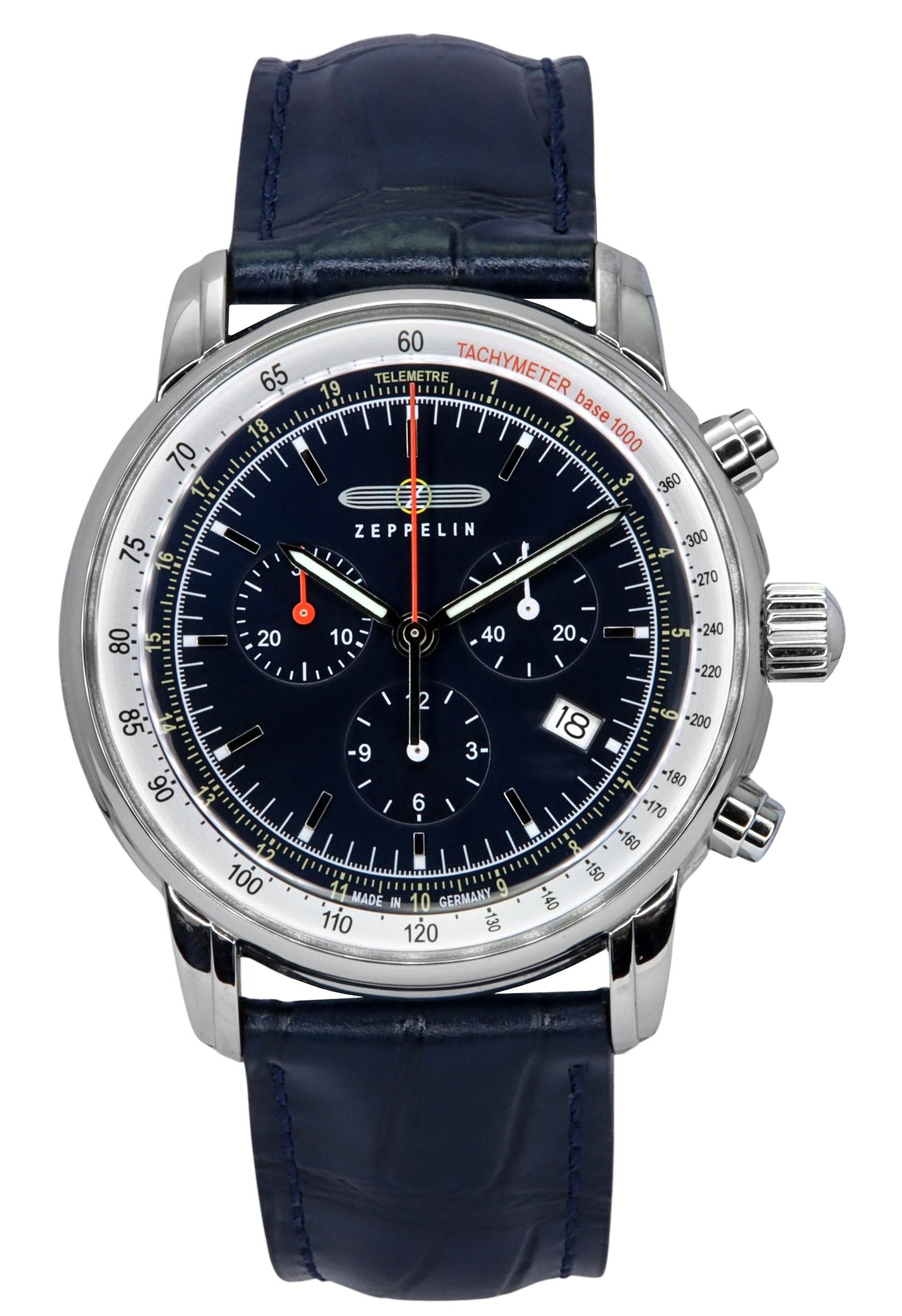 Zeppelin LZ 14 Marine Quartz movement Blue Leather Male Z88883. A brand-new Zeppelin LZ 14 Marine watch featuring a Blue dial and a Leather strap. Front view.