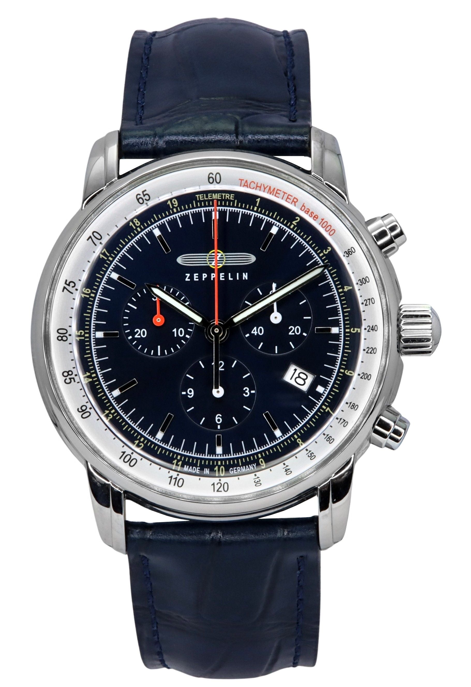 Zeppelin LZ 14 Marine Quartz movement Blue Leather Male Z88883. A brand-new Zeppelin LZ 14 Marine watch featuring a Blue dial and a Leather strap. Front view.