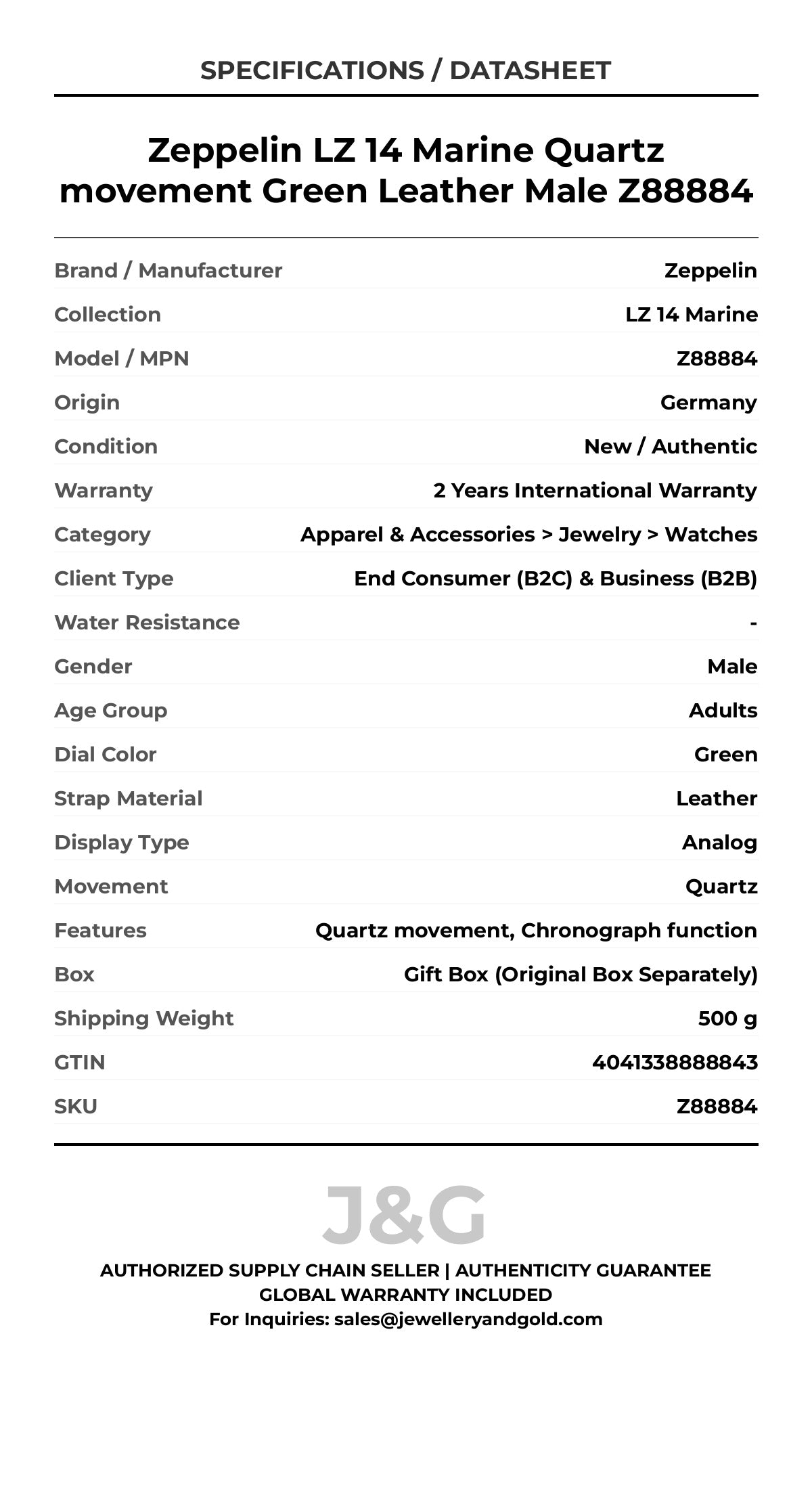 Zeppelin LZ 14 Marine Quartz movement Green Leather Male Z88884 - Specifications