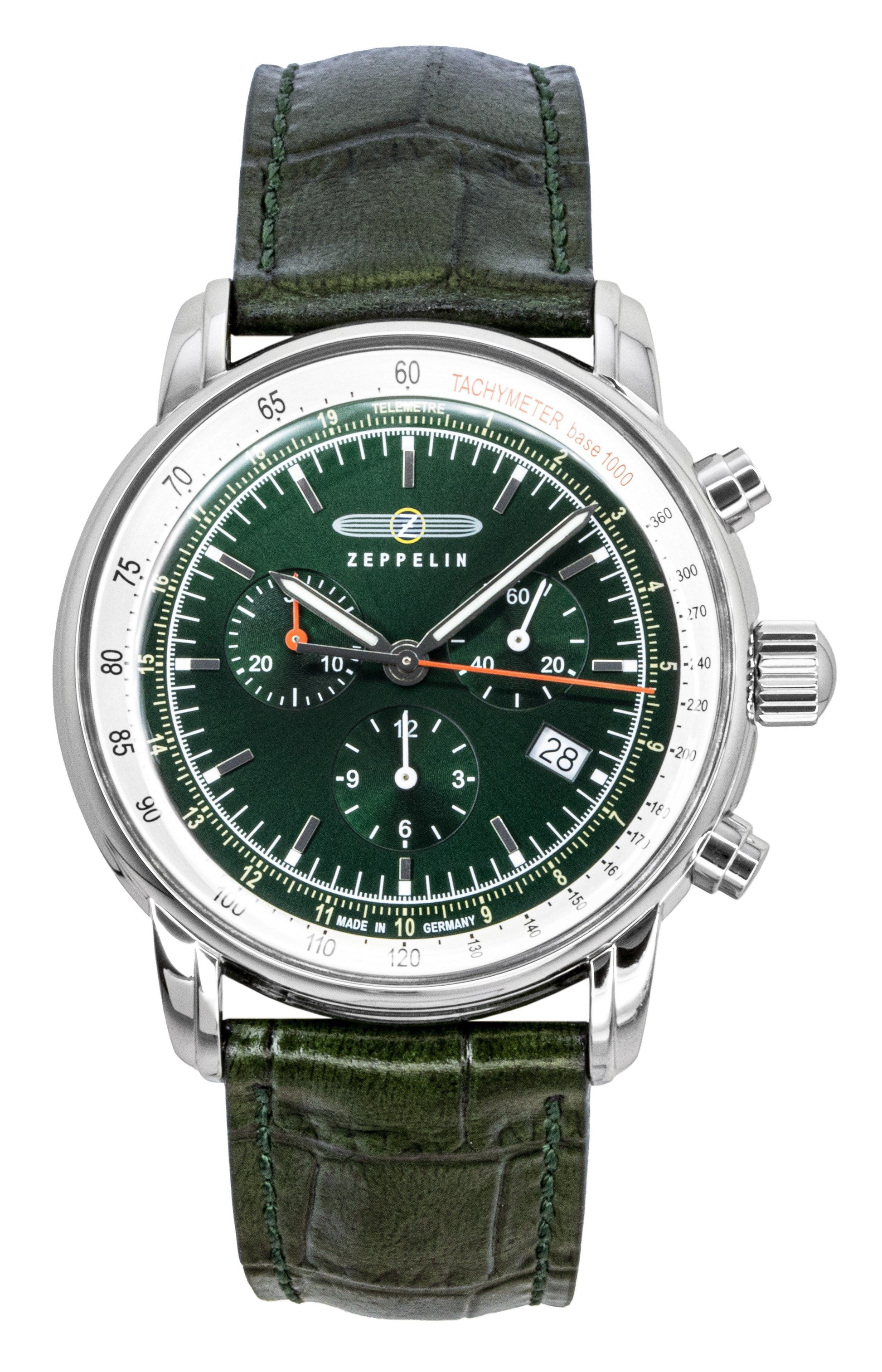 Zeppelin LZ 14 Marine Quartz movement Green Leather Male Z88884. A brand-new Zeppelin LZ 14 Marine watch featuring a Green dial and a Leather strap. Side view.