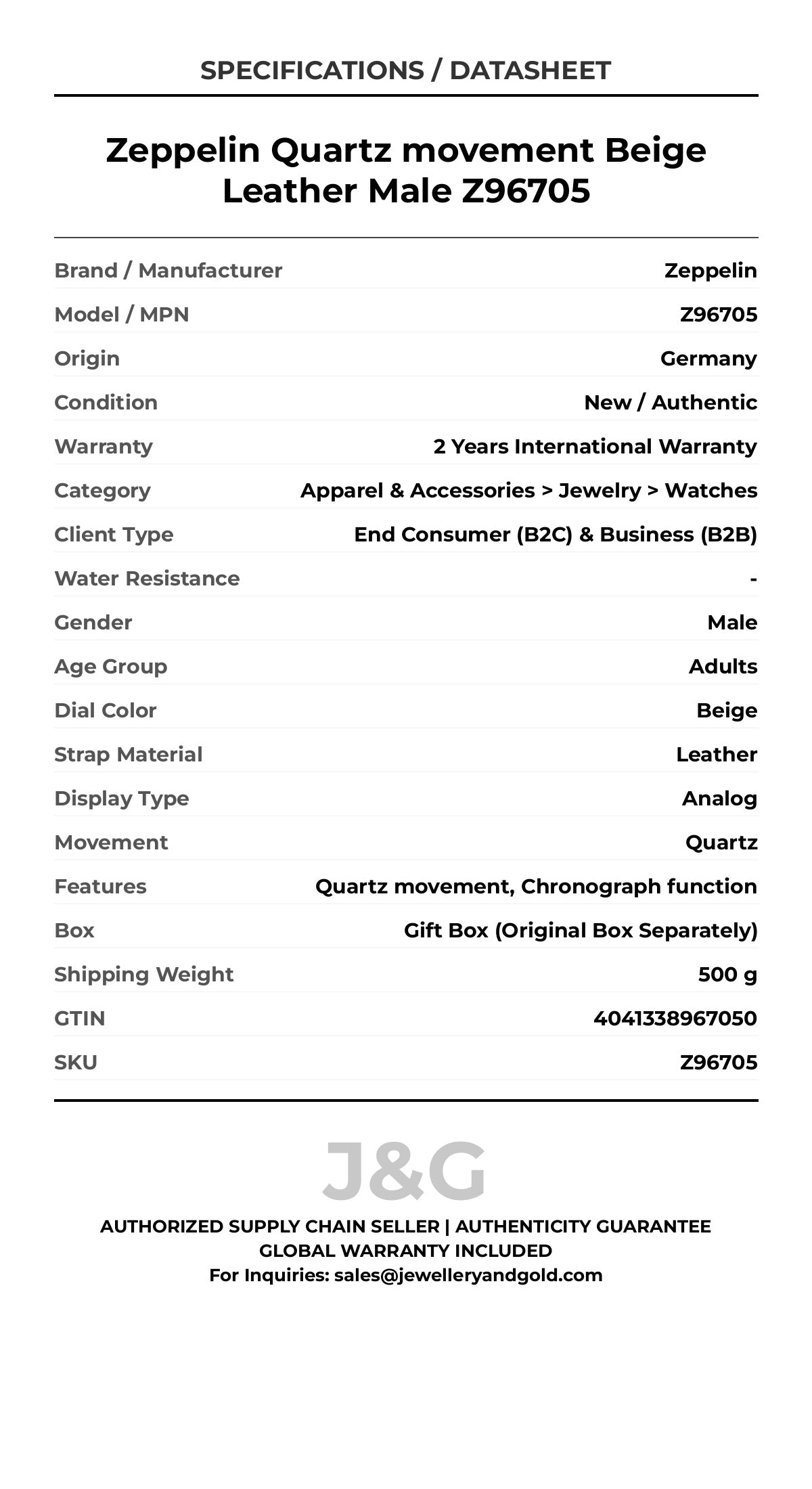 Zeppelin Quartz movement Beige Leather Male Z96705 - Specifications