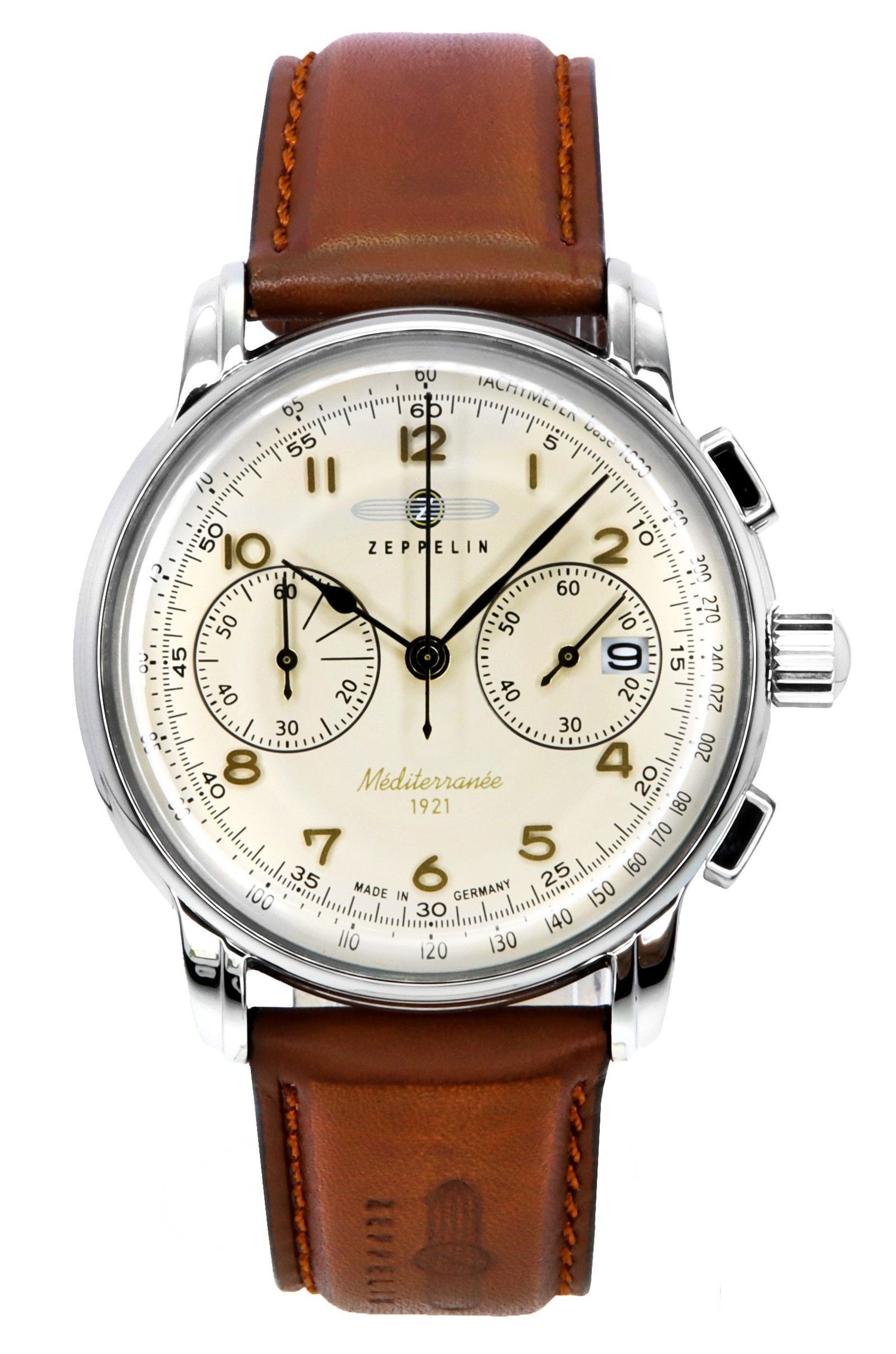 Zeppelin Quartz movement Beige Leather Male Z96705. A brand-new Zeppelin watch featuring a Beige dial and a Leather strap. Side view.
