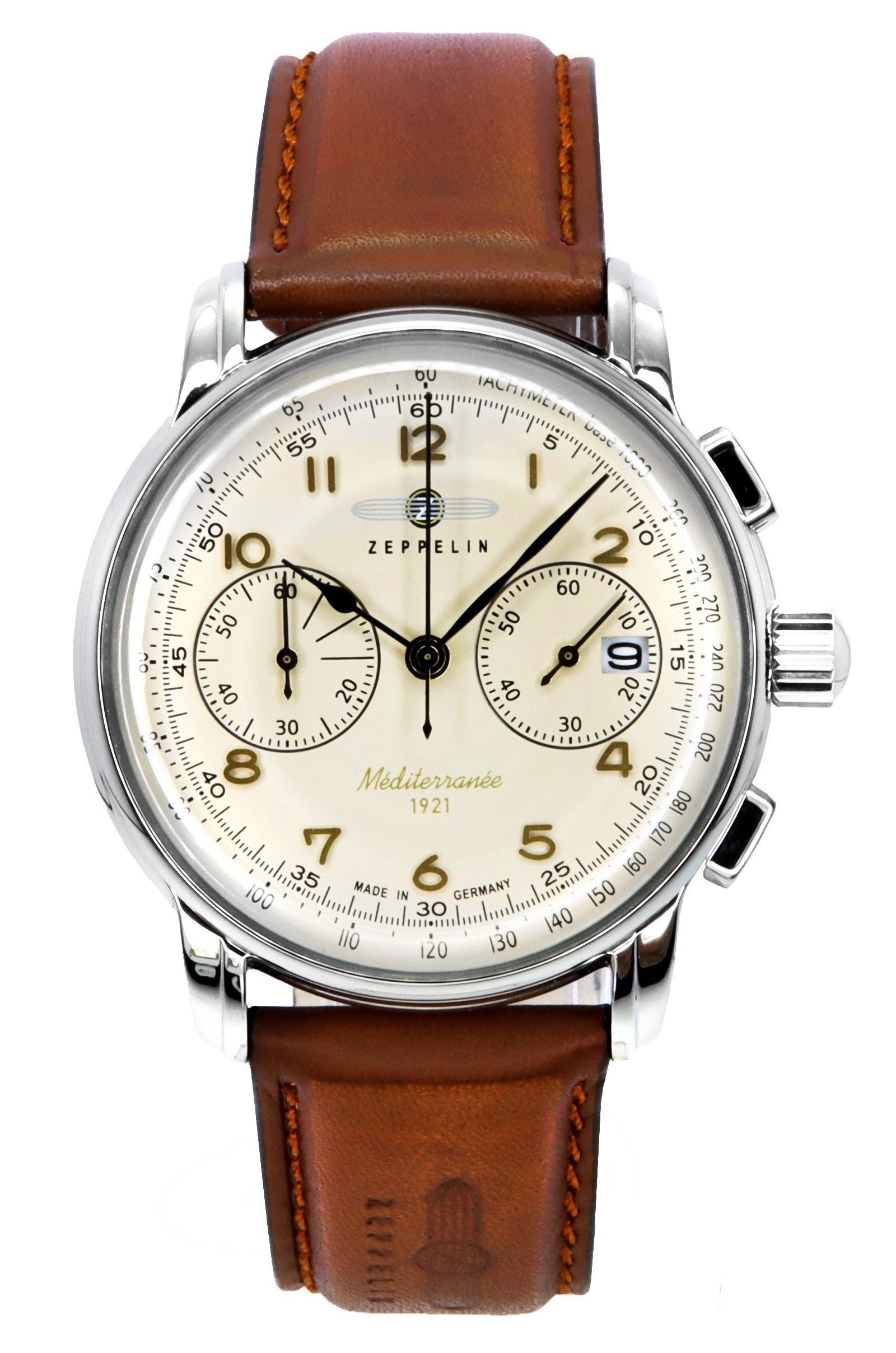 Zeppelin Quartz movement Beige Leather Male Z96705. A brand-new Zeppelin watch featuring a Beige dial and a Leather strap. Side view.