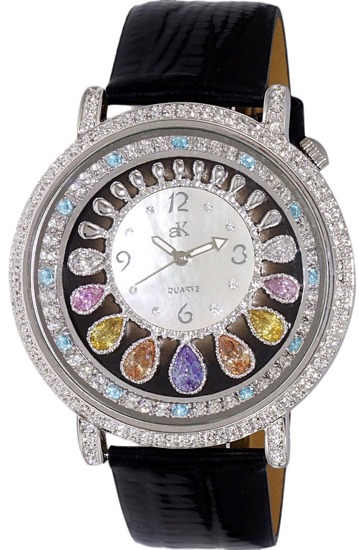 Adee Kaye Tear Drop Collection Crystal Accents White Mother. A brand-new Adee Kaye Tear Drop watch featuring a Mother Of Pearl dial and a Leather strap. Side view.