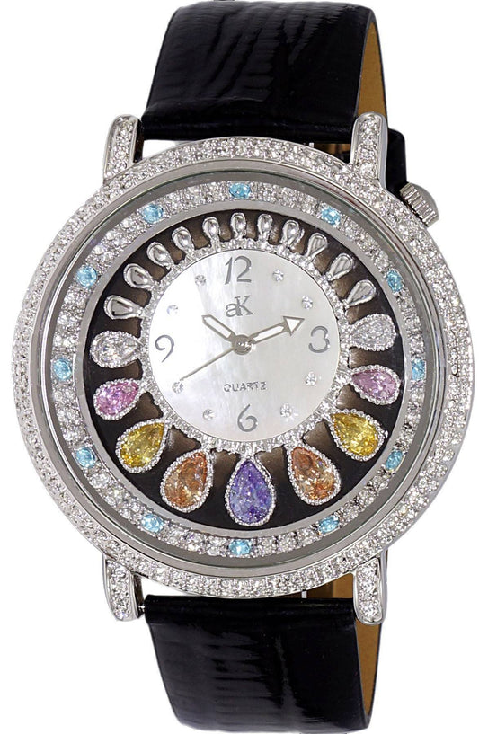 Adee Kaye Tear Drop Collection Crystal Accents White Mother. A brand-new Adee Kaye Tear Drop watch featuring a Mother Of Pearl dial and a Leather strap. Side view.