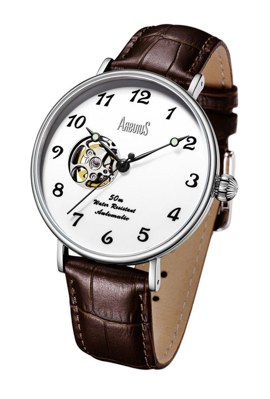 Arbutus Broadway Leather Strap White Open Heart Dial. A brand-new Arbutus Broadway watch featuring a Leather strap. Front view.