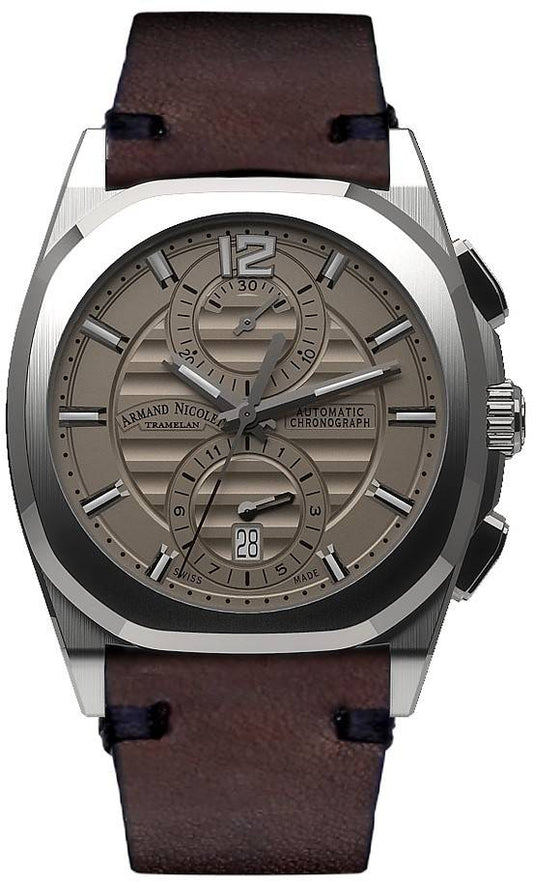 Armand Nicolet Tramelan J09 Chronograph Grey Dial Automatic. A brand-new Armand Nicolet Tramelan watch featuring a Grey dial and a Leather strap. Side view.