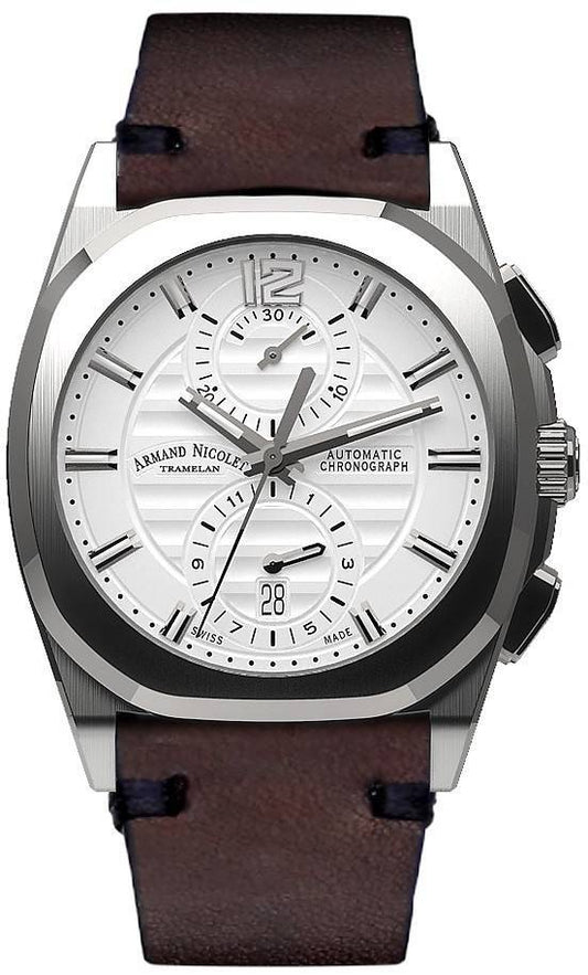 Armand Nicolet Tramelan J09 Chronograph Silver Dial. A brand-new Armand Nicolet Tramelan watch featuring a Silver dial and a Leather strap. Side view.